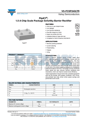 FCSP240LTR datasheet - FlipKY, 1.5 A Chip Scale Package Schottky Barrier Rectifier