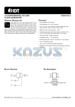 ICS87421AMILF datasheet - 1/2 DIFFERENTIAL-TO-LVDS CLOCK GENERATOR