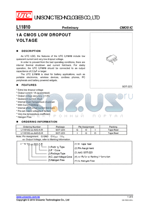 L11810G-XX-AA3-A-R datasheet - 1A CMOS LOW DROPOUT VOLTAGE