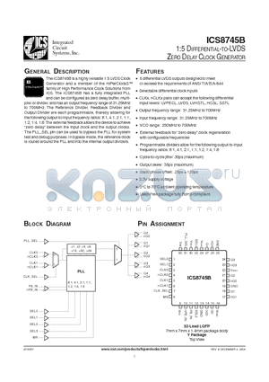 ICS8745BYLF datasheet - 1:5 DIFFERENTIAL-TO-LVDS ZERO DELAY CLOCK GENERATOR