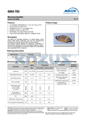6884-700 datasheet - Microwave Amplifier 2.0 to 12.0 GHz