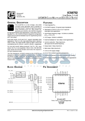 ICS8752CY datasheet - LOW SKEW, 1-TO-8  LVCMOS CLOCK MULTIPLIER/ZERO DELAY BUFFER