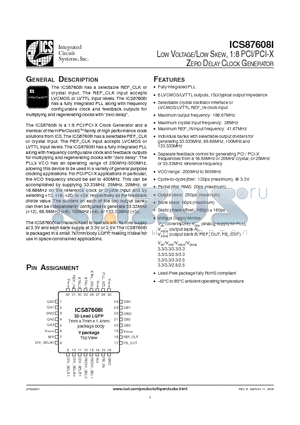 ICS87608AYILF datasheet - LOW VOLTAGE/LOW SKEW, 1:8 PCI/PCI-X ZERO DELAY CLOCK GENERATOR