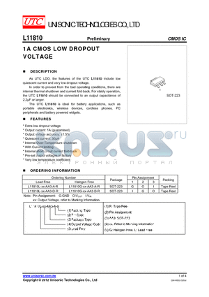 L11810L-XX-AA3-A-R datasheet - 1A CMOS LOW DROPOUT VOLTAGE