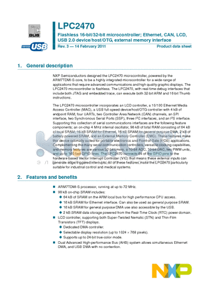 LPC2470_11 datasheet - Flashless 16-bit/32-bit microcontroller; Ethernet, CAN, LCD, USB 2.0 device/host/OTG