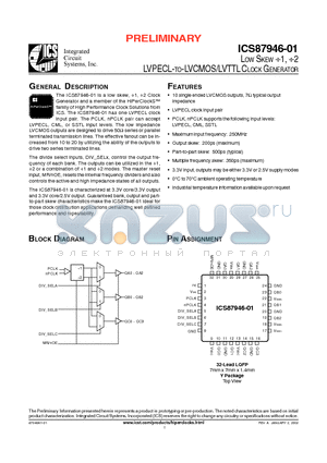 ICS87946AY-01 datasheet - LVPECL-TO-LVCMOS/LVTTL CLOCK GENERATOR