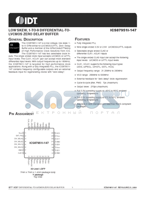 ICS87951I-147 datasheet - LOW SKEW, 1-TO-9 DIFFERENTIAL-TOLVCMOS ZERO DELAY BUFFER