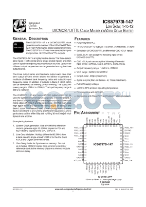 ICS87973DYI-147T datasheet - LOW SKEW, 1-TO-12 LVCMOS / LVTTL CLOCK MULTIPLIER/ZERO DELAY BUFFER