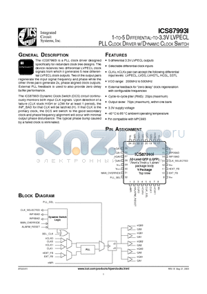 ICS87993AYIT datasheet - 1-TO-5 DIFFERENTIAL-TO-3.3V LVPECL PLL CLOCK DRIVER W/DYNAMIC CLOCK SWITCH