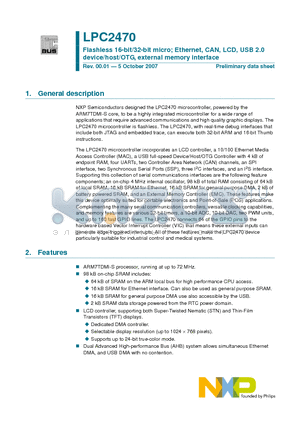 LPC2470FET208 datasheet - Flashless 16-bit/32-bit micro; Ethernet, CAN, LCD, USB 2.0 device/host/OTG, external memory interface