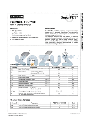 FCU7N60 datasheet - 600V N-Channel MOSFET