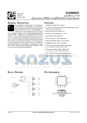 ICS889831AKLFT datasheet - LOW SKEW, 1-TO-4 DIFFERENTIAL LVPECL-TO-LVPECL/ECL FANOUT BUFFER