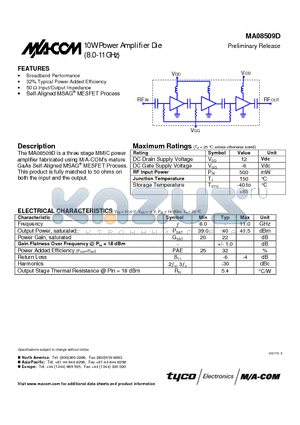 MA08509D datasheet - 10W Power Amplifier Die Preliminary Release 8.0-11 GHz