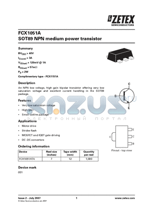 FCX1051ATA datasheet - SOT89 NPN medium power transistor