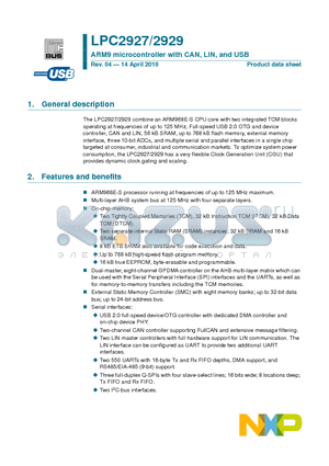 LPC2927FBD144 datasheet - ARM9 microcontroller with CAN, LIN, and USB