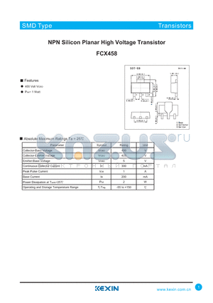 FCX458 datasheet - NPN Silicon Planar High Voltage Transistor