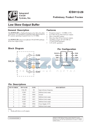 ICS9112YM-28LF-T datasheet - Low Skew Output Buffer