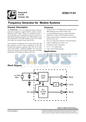 ICS9117-01 datasheet - Frequency Generator for Modem Systems