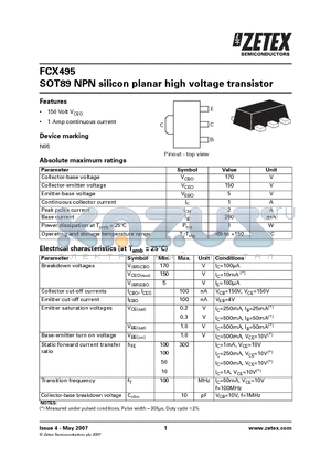 FCX495 datasheet - SOT89 NPN silicon planar high voltage transistor