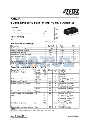 FCX495_07 datasheet - SOT89 NPN silicon planar high voltage transistor
