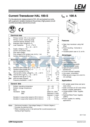 HAL100-S datasheet - Current Transducer