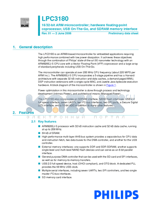 LPC3180FEL320 datasheet - 16/32-bit ARM microcontroller; hardware floating-point coprocessor, USB On-The-Go, and SDRAM memory interface