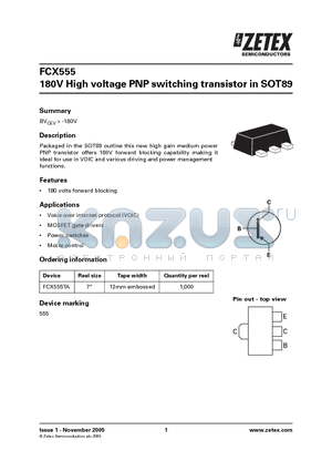 FCX555 datasheet - 180V High voltage PNP switching transistor in SOT89