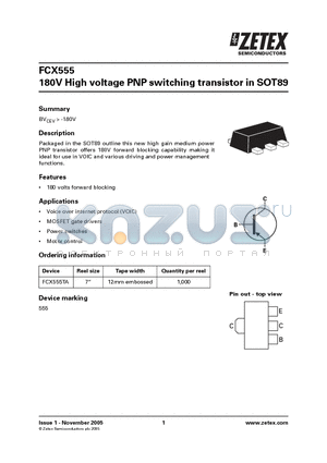 FCX555 datasheet - 180V High voltage PNP switching transistor in SOT89