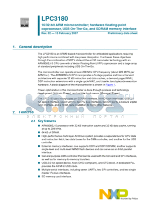 LPC3180FEL320 datasheet - 16/32-bit ARM microcontroller; hardware floating-point coprocessor, USB On-The-Go, and SDRAM memory interface