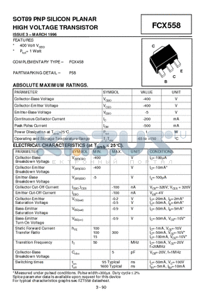 FCX558 datasheet - PNP SILICON PLANAR HIGH VOLTAGE TRANSISTOR