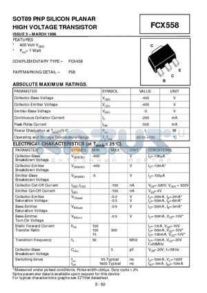 FCX558 datasheet - SOT89 PNP SILICON PLANAR HIGH VOLTAGE TRANSISTOR