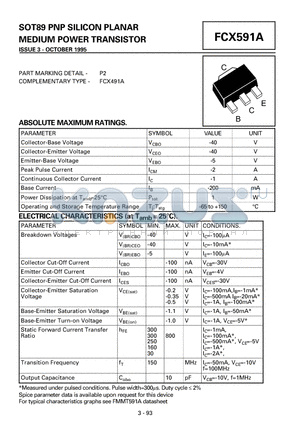 FCX591A datasheet - PNP SILICON PLANAR MEDIUM POWER TRANSISTOR