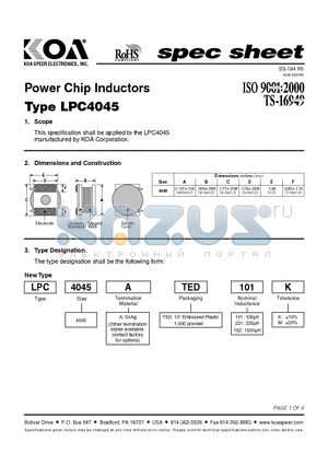 LPC4045ATED101M datasheet - Power Chip Inductors