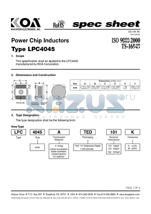 LPC4045ATED152M datasheet - Power Chip Inductors