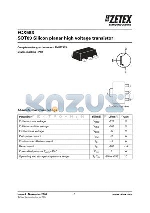 FCX593 datasheet - SOT89 Silicon planar high voltage transistor