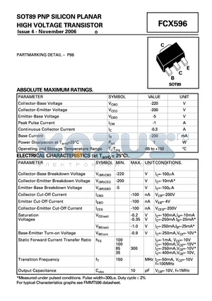 FCX596_06 datasheet - SOT89 PNP SILICON PLANAR HIGH VOLTAGE TRANSISTOR