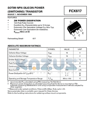 FCX617 datasheet - SOT89 NPN SILICON POWER (SWITCHING) TRANSISTOR