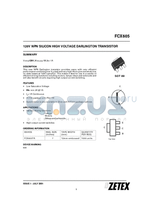 FCX605TA datasheet - 120V NPN SILICON HIGH VOLTAGE DARLINGTON TRANSISTOR