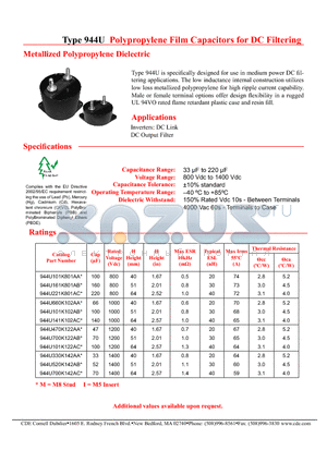 944U141K102AC datasheet - Polypropylene Film Capacitors for DC Filtering