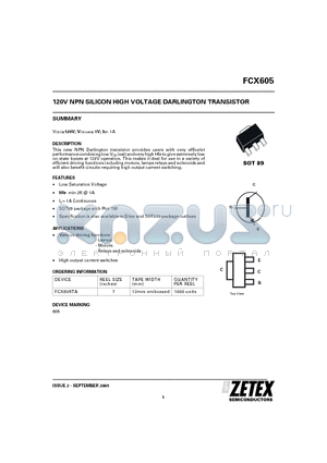 FCX605TA datasheet - 120V NPN SILICON HIGH VOLTAGE DARLINGTON TRANSISTOR