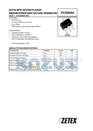 FCX658A datasheet - NPN SILICON PLANAR MEDIUM POWER HIGH VOLTAGE TRANSISTOR