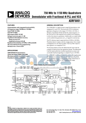 ADRF6801 datasheet - 750 MHz to 1150 MHz Quadrature Demodulator with Fractional-N PLL and VCO