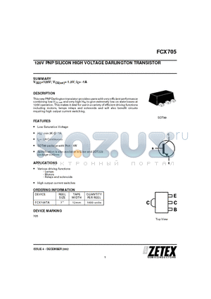 FCX705TA datasheet - 120V PNP SILICON HIGH VOLTAGE DARLINGTON TRANSISTOR