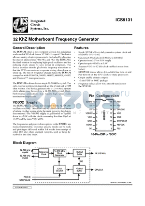 ICS9131-01CN16 datasheet - 32 KhZ Motherboard Frequency Generator