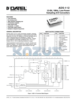 ADS-112 datasheet - 12-Bit, 1MHz, Low-Power Sampling A/D Converters