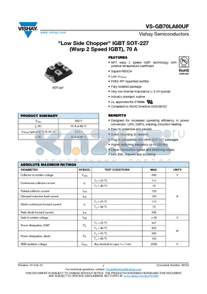 GB70LA60UF_13 datasheet - Low Side Chopper IGBT SOT-227 (Warp 2 Speed IGBT), 70 A