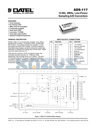 ADS-117/883 datasheet - 12-Bit, 2MHz, Low-Power Sampling A/D Converters