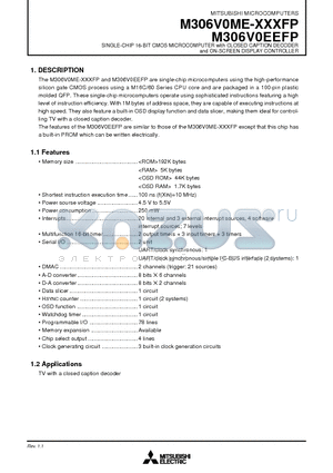 M306V0EEFS datasheet - SINGLE-CHIP 16-BIT CMOS MICROCOMPUTER with CLOSED CAPTION DECODER and ON-SCREEN DISPLAY CONTROLLER