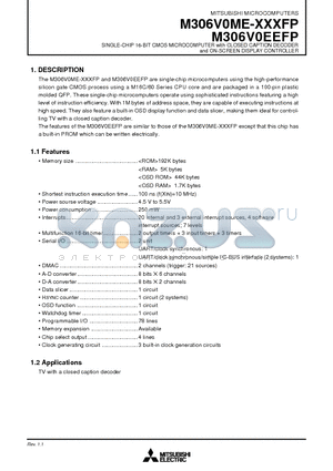 M306V0ME datasheet - SINGLE-CHIP 16-BIT CMOS MICROCOMPUTER with CLOSED CAPTION DECODER and ON-SCREEN DISPLAY CONTROLLER