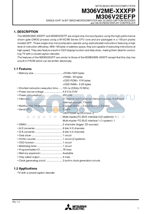 M306V2 datasheet - SINGLE-CHIP 16-BIT CMOS MICROCOMPUTER with CLOSED CAPTION DECODER and ON-SCREEN DISPLAY CONTROLLER